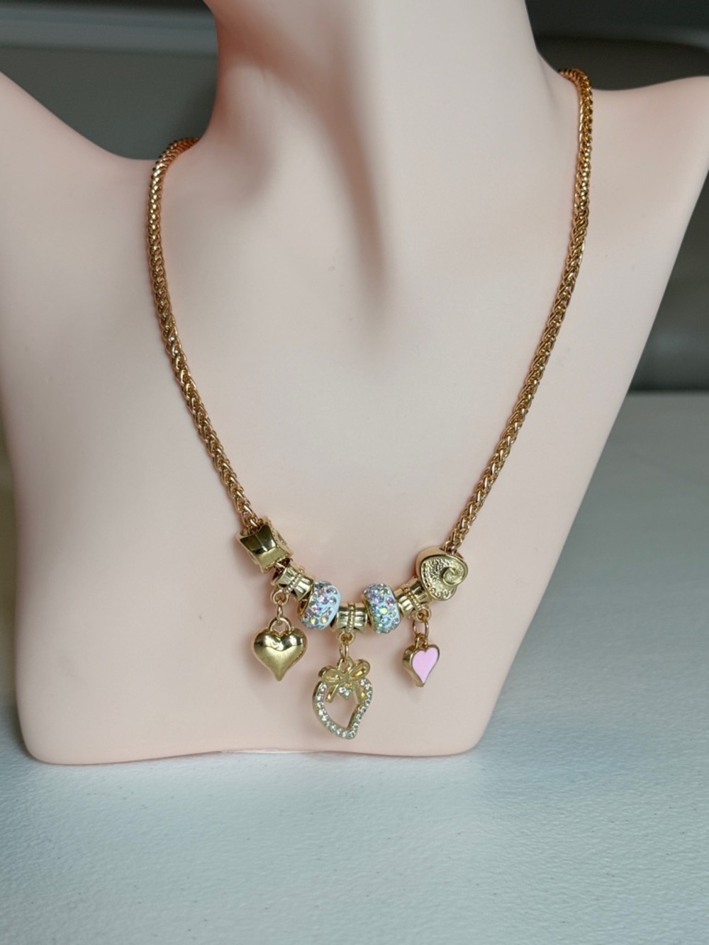 Gold-Tone Heart Charm Necklace with Pink Accent Beads